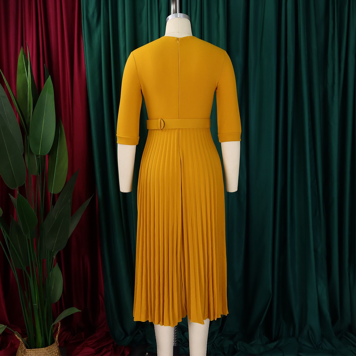 Women's Notch Lapel Plain Dresses,Three-quarter Sleeves Causal Midi Dresses,Casual Belted Pleated Dresses
