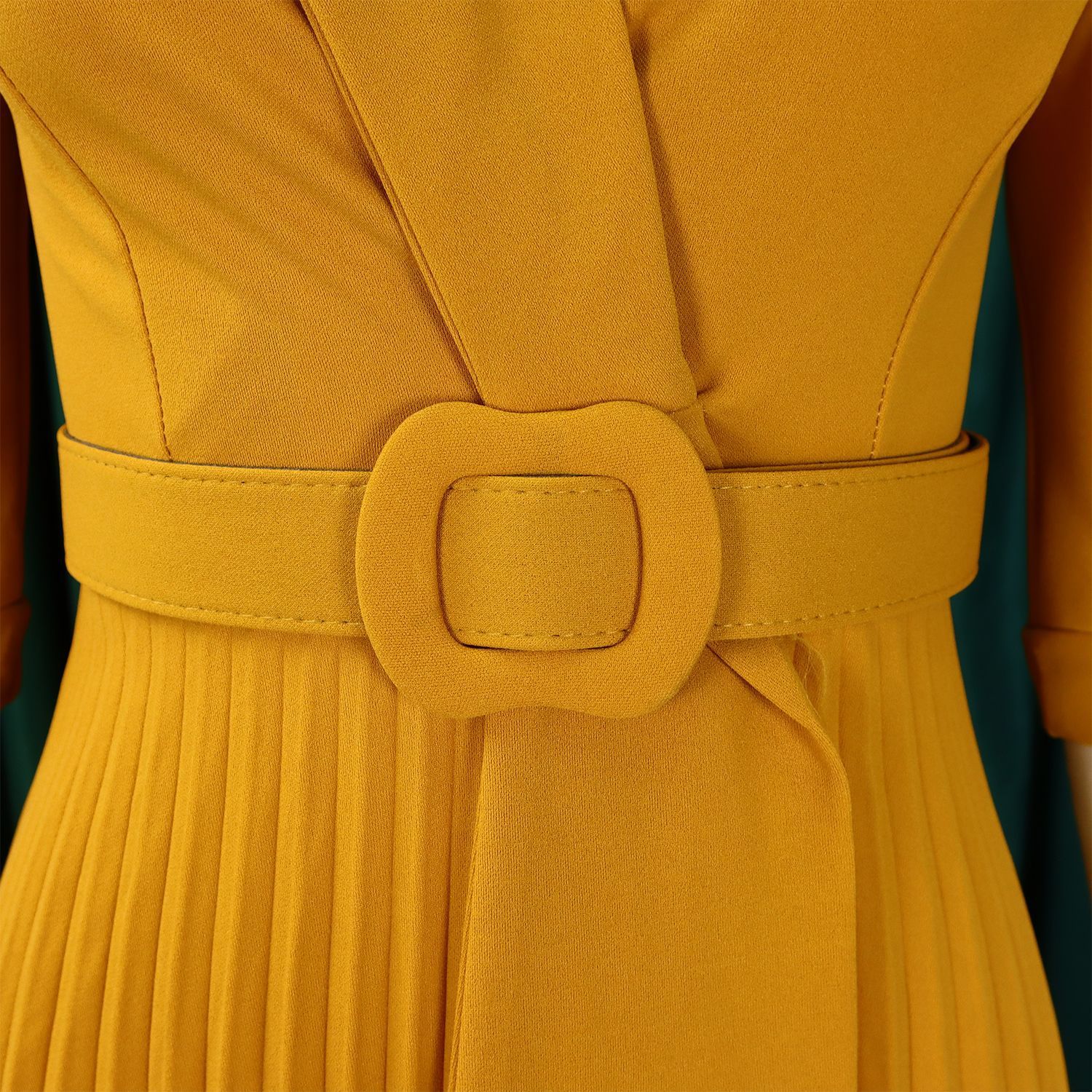 Women's Notch Lapel Plain Dresses,Three-quarter Sleeves Causal Midi Dresses,Casual Belted Pleated Dresses