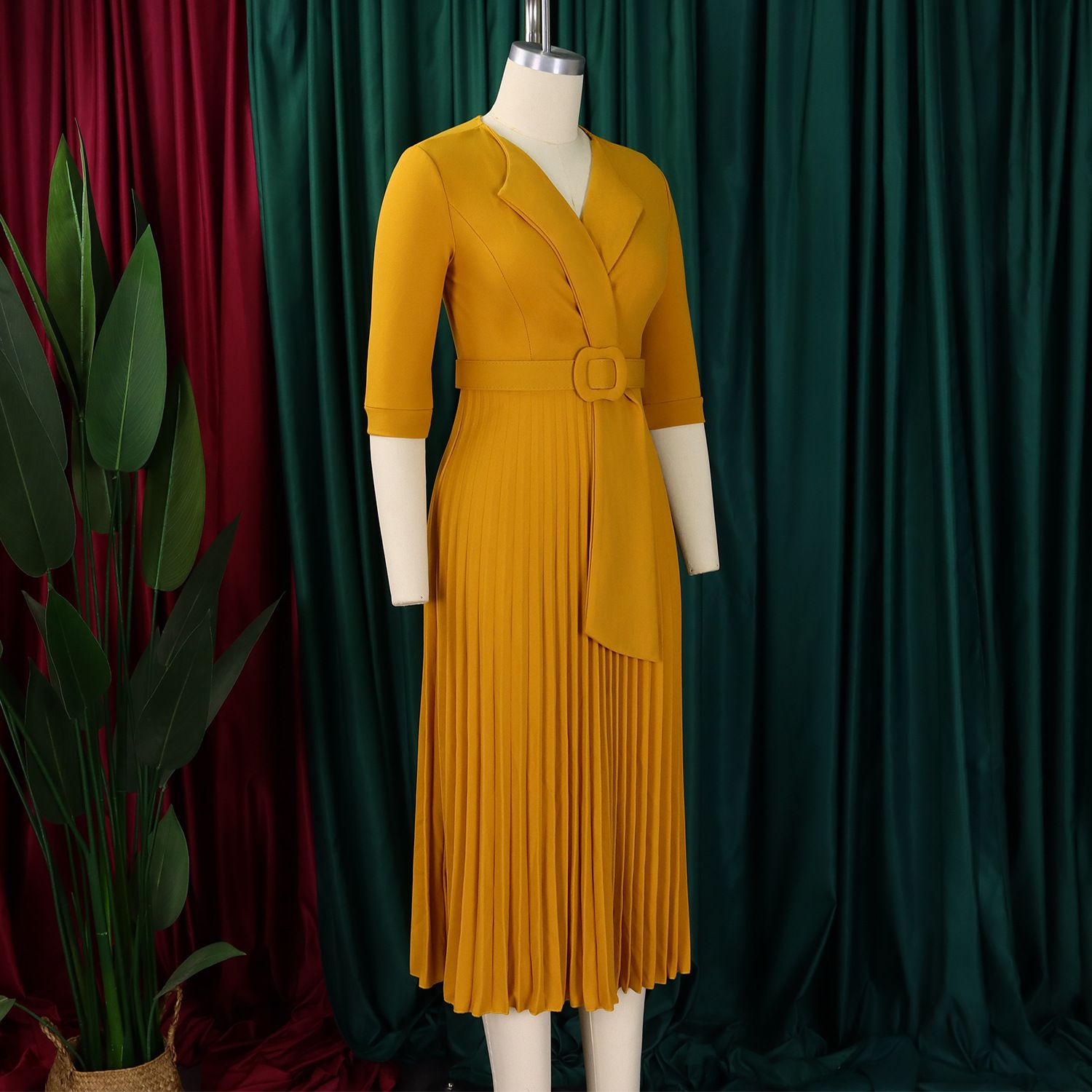 Women's Notch Lapel Plain Dresses,Three-quarter Sleeves Causal Midi Dresses,Casual Belted Pleated Dresses