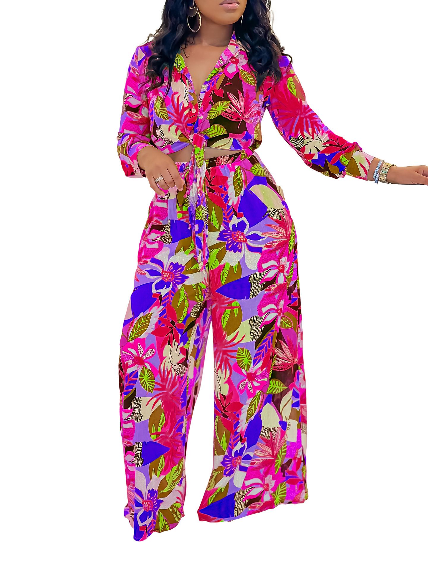 Women's Collar V Neck Long Sleeve Jumpsuits,Dressy Floral Print Waist Tie Rompers,Straight-leg Pants Jumpsuit,Women's Summer Casual Jumpsuits