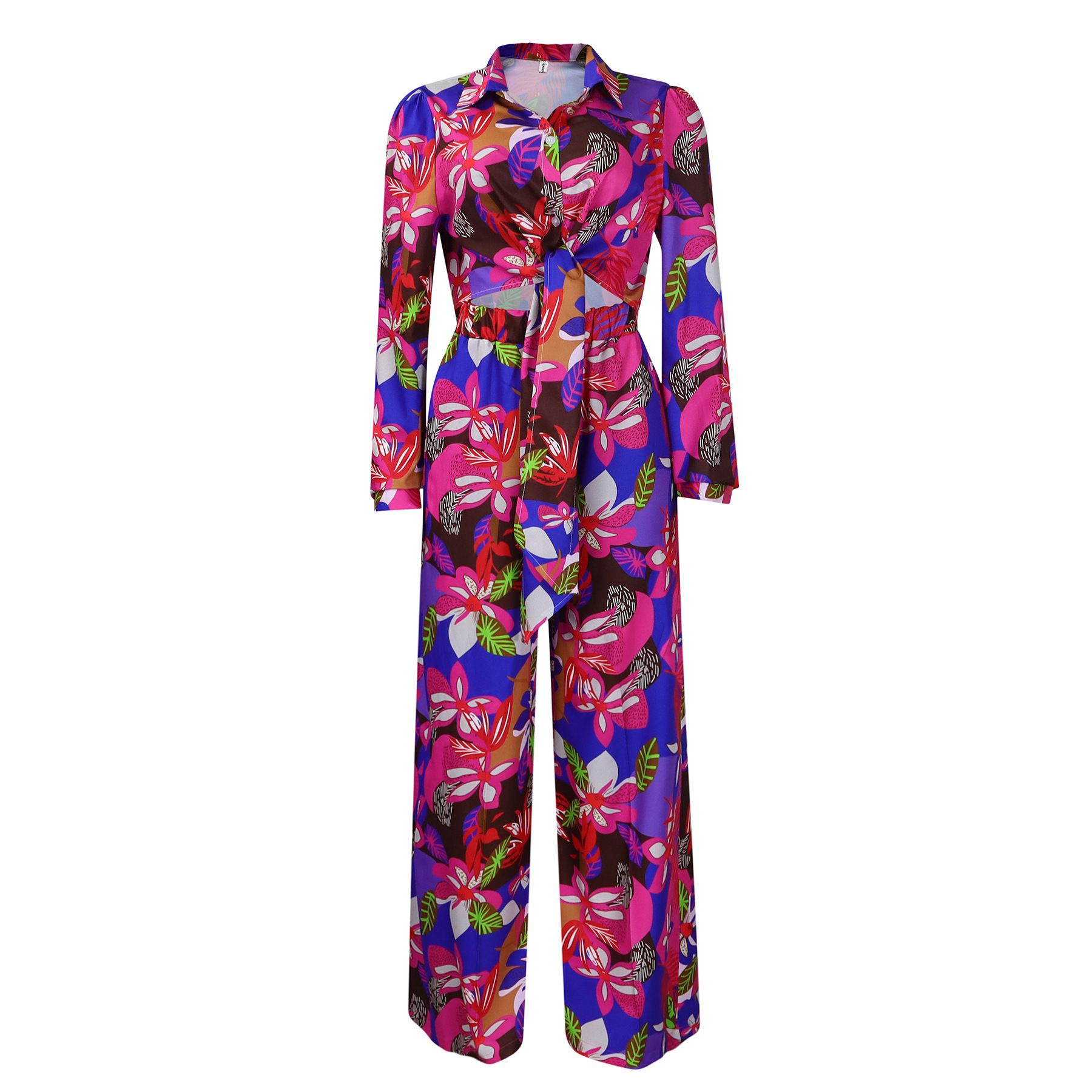 Women's Collar V Neck Long Sleeve Jumpsuits,Dressy Floral Print Waist Tie Rompers,Straight-leg Pants Jumpsuit,Women's Summer Casual Jumpsuits