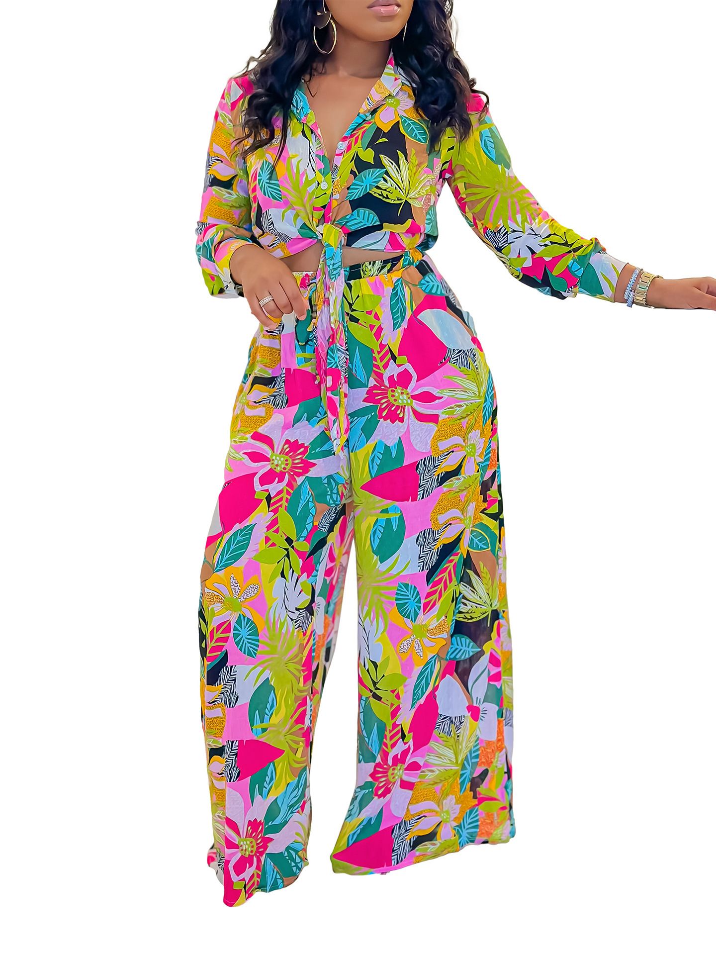 Women's Collar V Neck Long Sleeve Jumpsuits,Dressy Floral Print Waist Tie Rompers,Straight-leg Pants Jumpsuit,Women's Summer Casual Jumpsuits