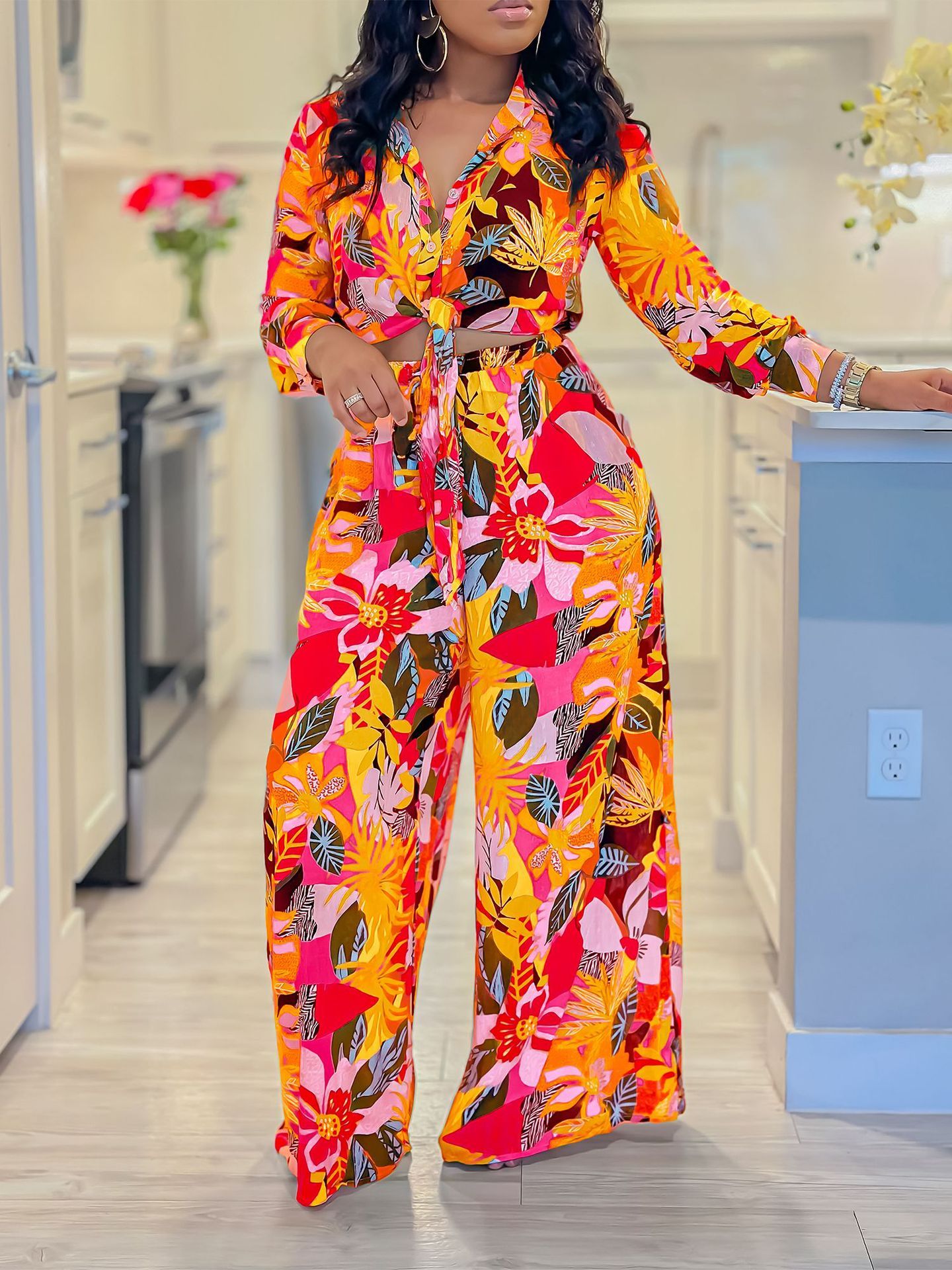 Women's Collar V Neck Long Sleeve Jumpsuits,Dressy Floral Print Waist Tie Rompers,Straight-leg Pants Jumpsuit,Women's Summer Casual Jumpsuits