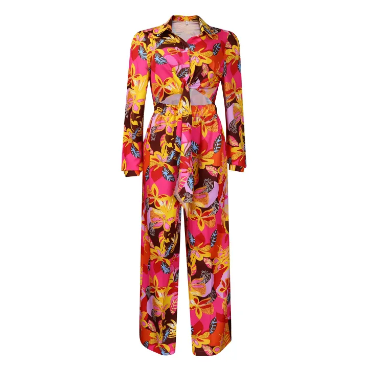 Women's Collar V Neck Long Sleeve Jumpsuits,Dressy Floral Print Waist Tie Rompers,Straight-leg Pants Jumpsuit,Women's Summer Casual Jumpsuits