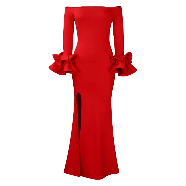 Women's Off Shoulder Ruffle Sleeve Formal Evening Gowns Long Sleeve Side Slit Bodycon Dresses for Formal Prom Wedding Cocktail Party,Floor Length Dress,Women Trailing Formal Evening Maxi Long Dresses