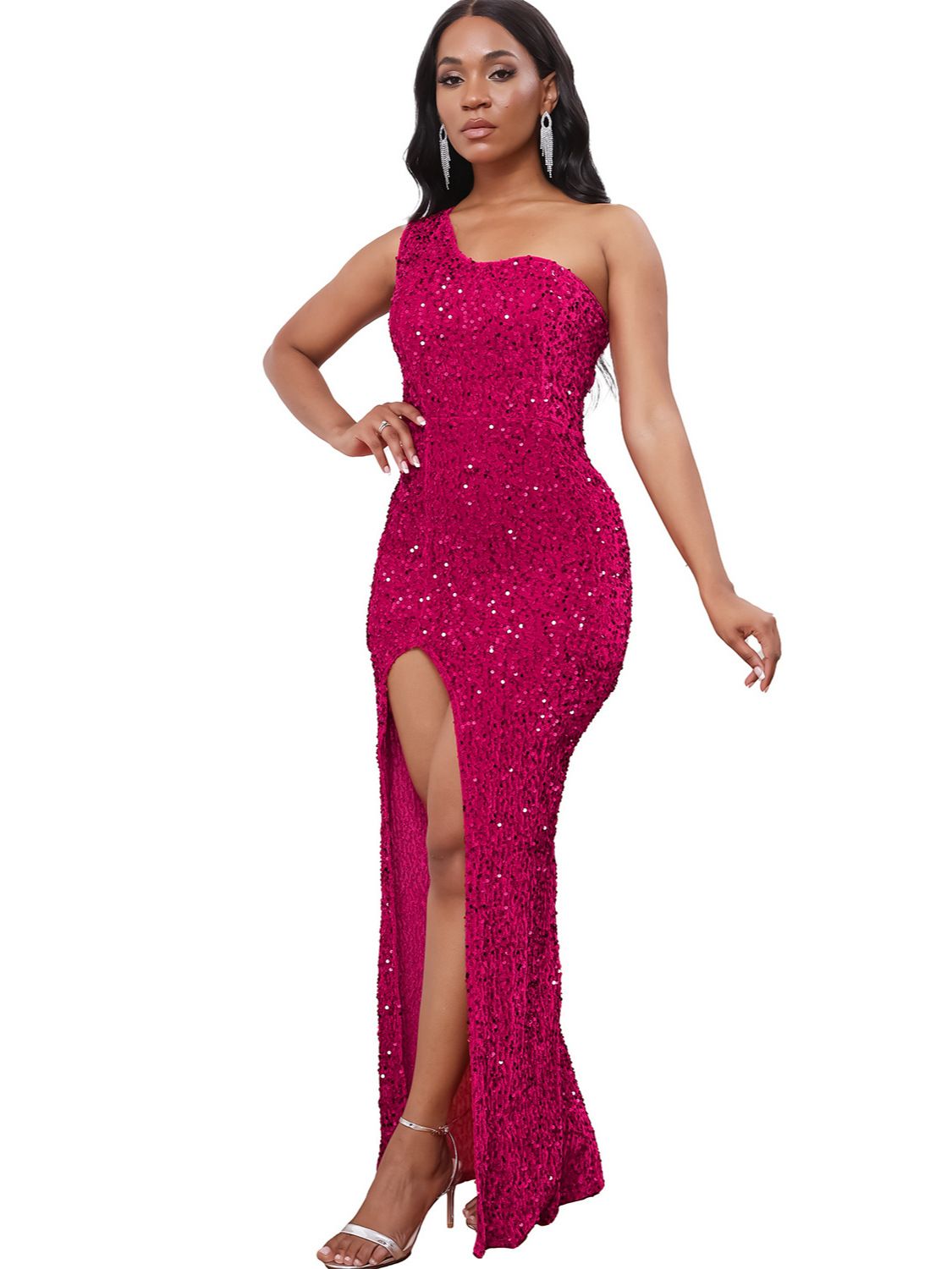 Sexy Elegant One Shoulder Side Slit Formal Evening Gowns ,Sleeveless Sequin Bodycon Long Evening Dress For Cocktail Party Wedding Evening