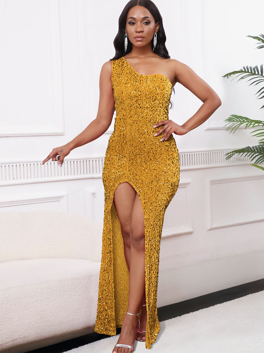 Sexy Elegant One Shoulder Side Slit Formal Evening Gowns ,Sleeveless Sequin Bodycon Long Evening Dress For Cocktail Party Wedding Evening