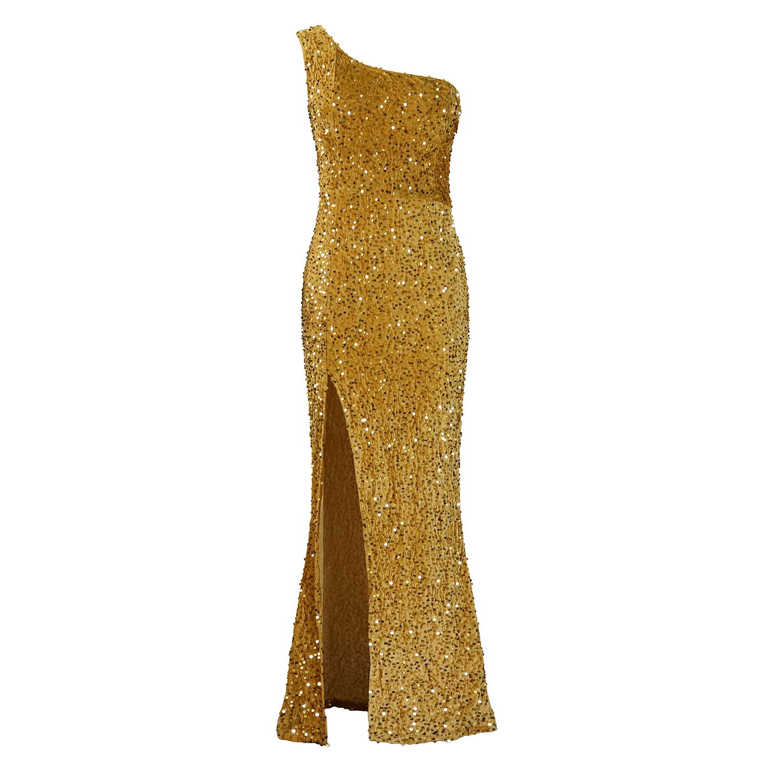 Sexy Elegant One Shoulder Side Slit Formal Evening Gowns ,Sleeveless Sequin Bodycon Long Evening Dress For Cocktail Party Wedding Evening