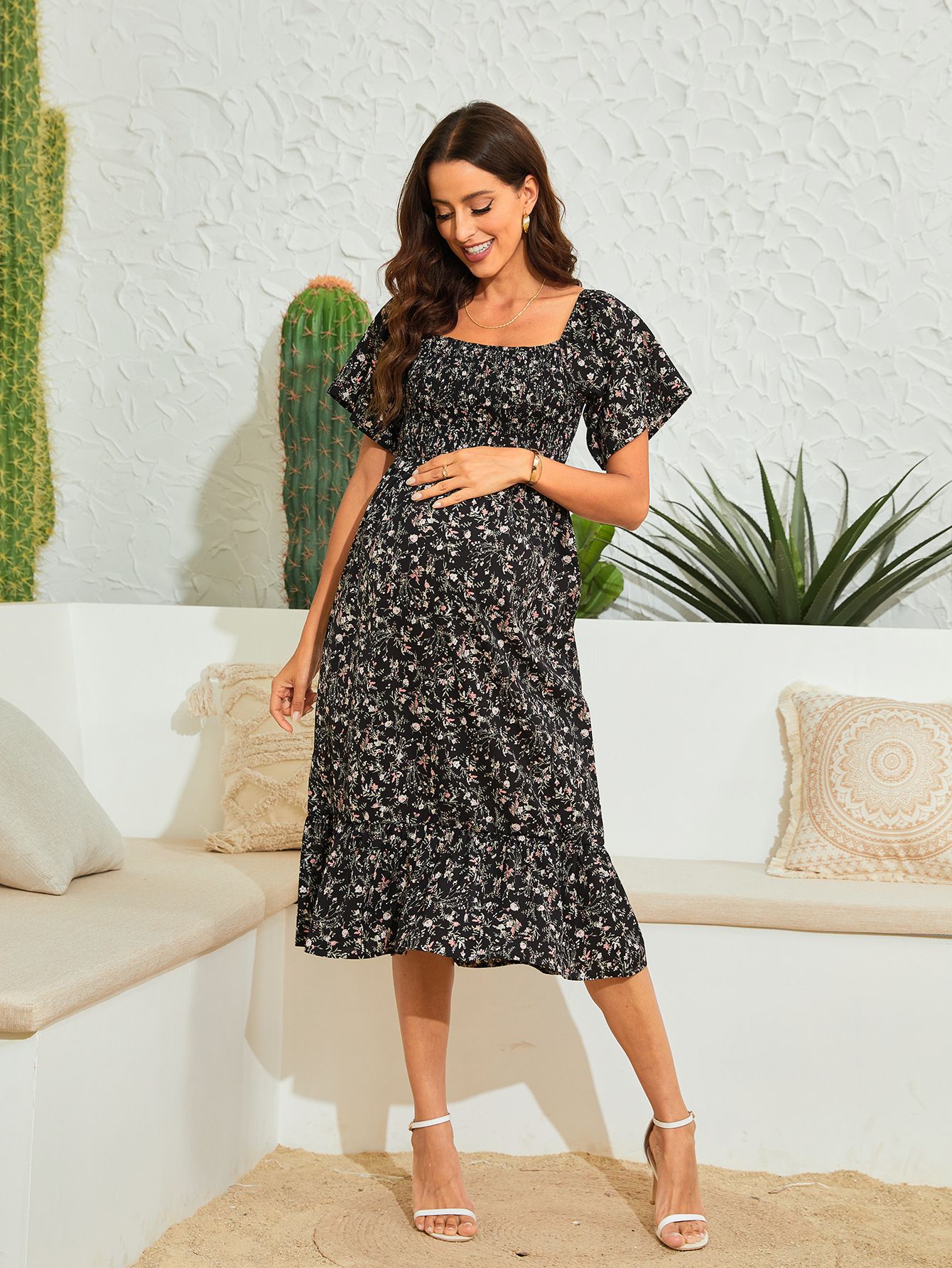 Women Square Neck Floral Maternity Dress for Photoshoot Baby Shower, Short Sleeve Boho Floral Causal Smocked Pregnancy Dress, Ruffle Hem Flowy Maxi Dresses