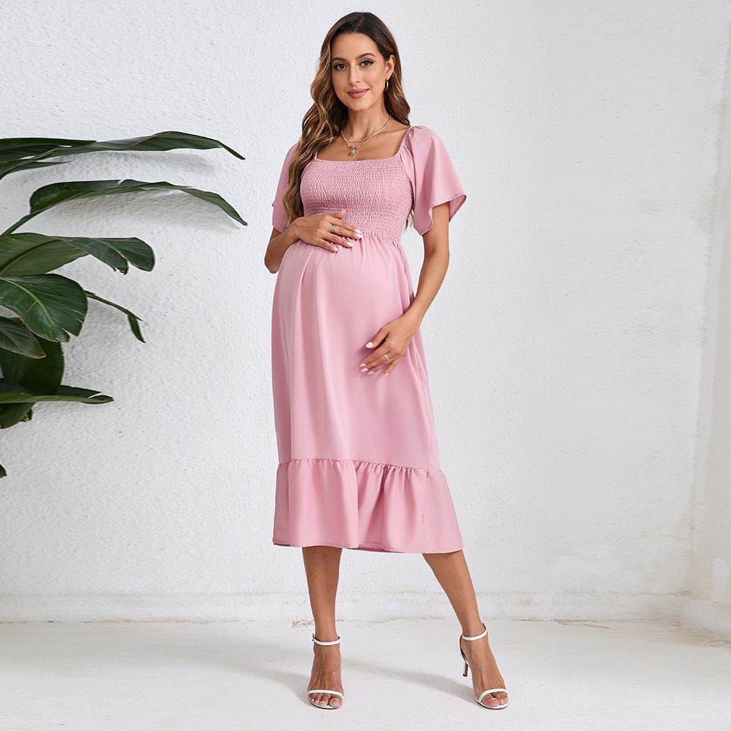 Women Square Neck Floral Maternity Dress for Photoshoot Baby Shower, Short Sleeve Boho Floral Causal Smocked Pregnancy Dress, Ruffle Hem Flowy Maxi Dresses