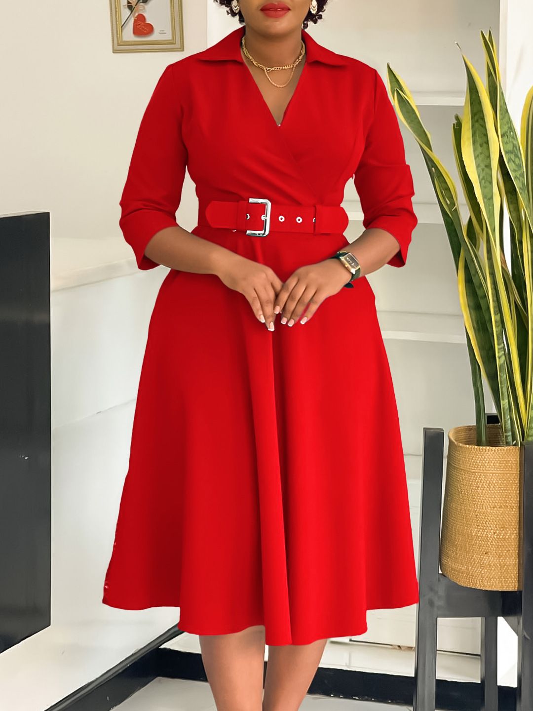 Women's Notch Lapel 3/4 Sleeves Fitted Party Club Midi Belted Dress