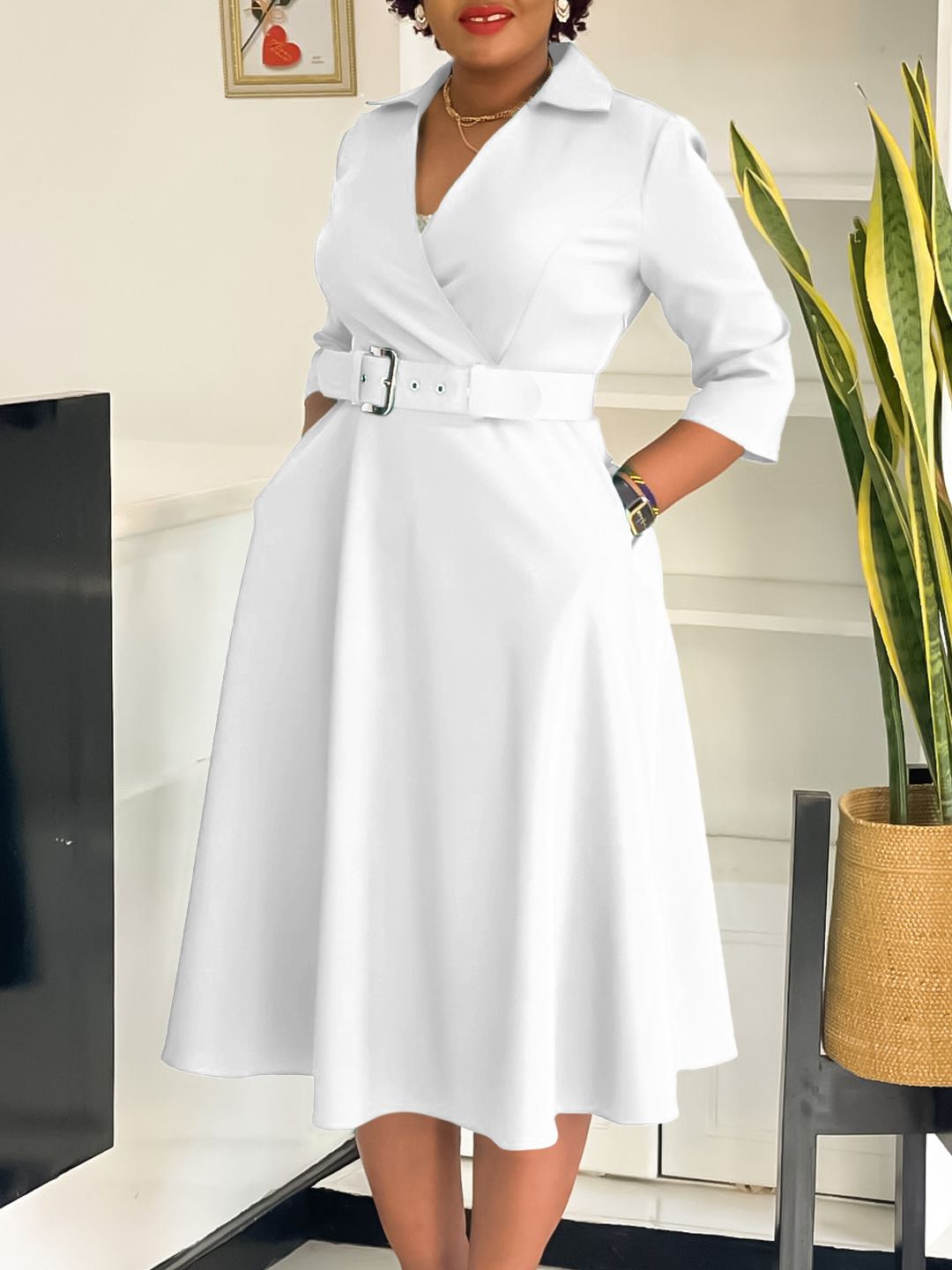 Women's Notch Lapel 3/4 Sleeves Fitted Party Club Midi Belted Dress