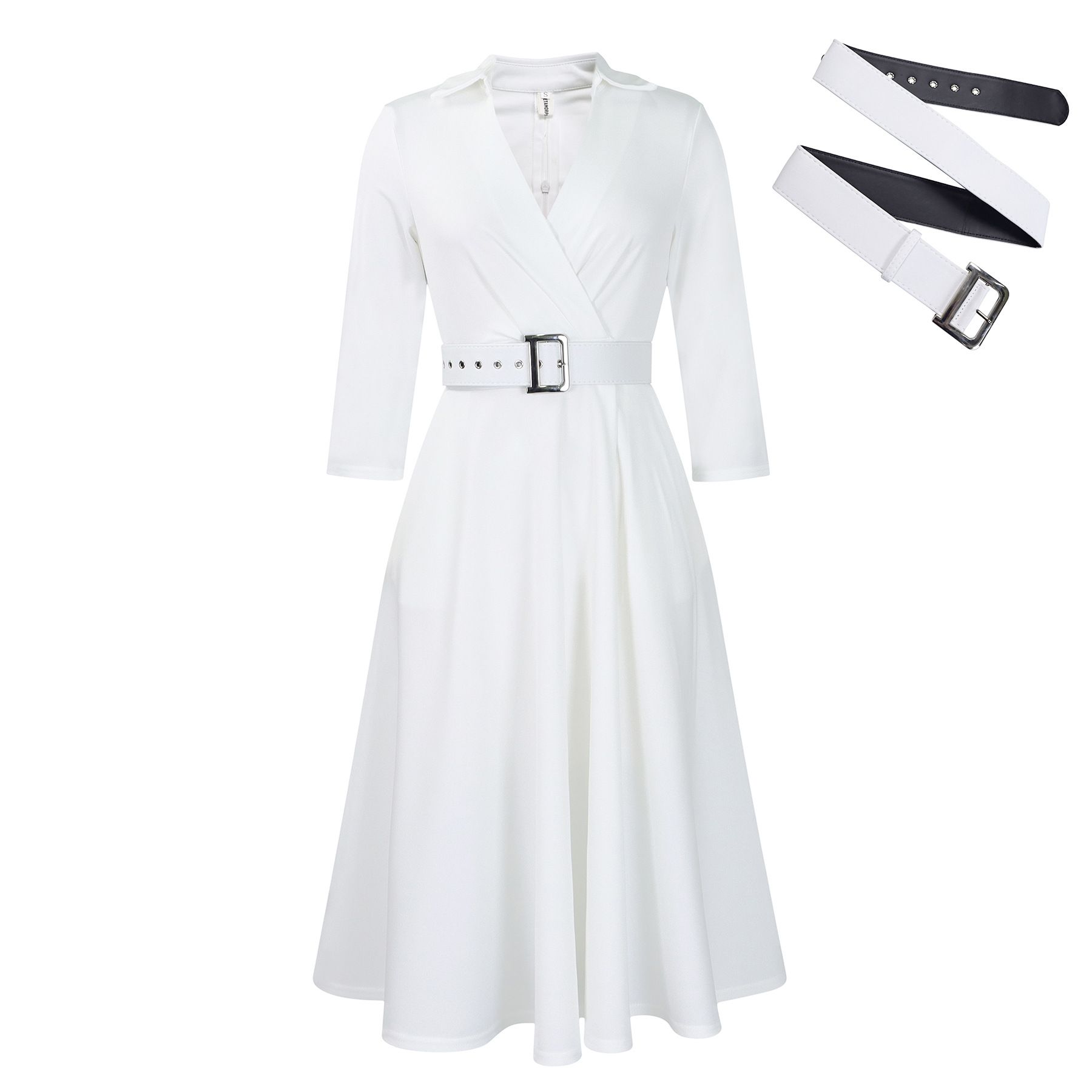 Women's Notch Lapel 3/4 Sleeves Fitted Party Club Midi Belted Dress