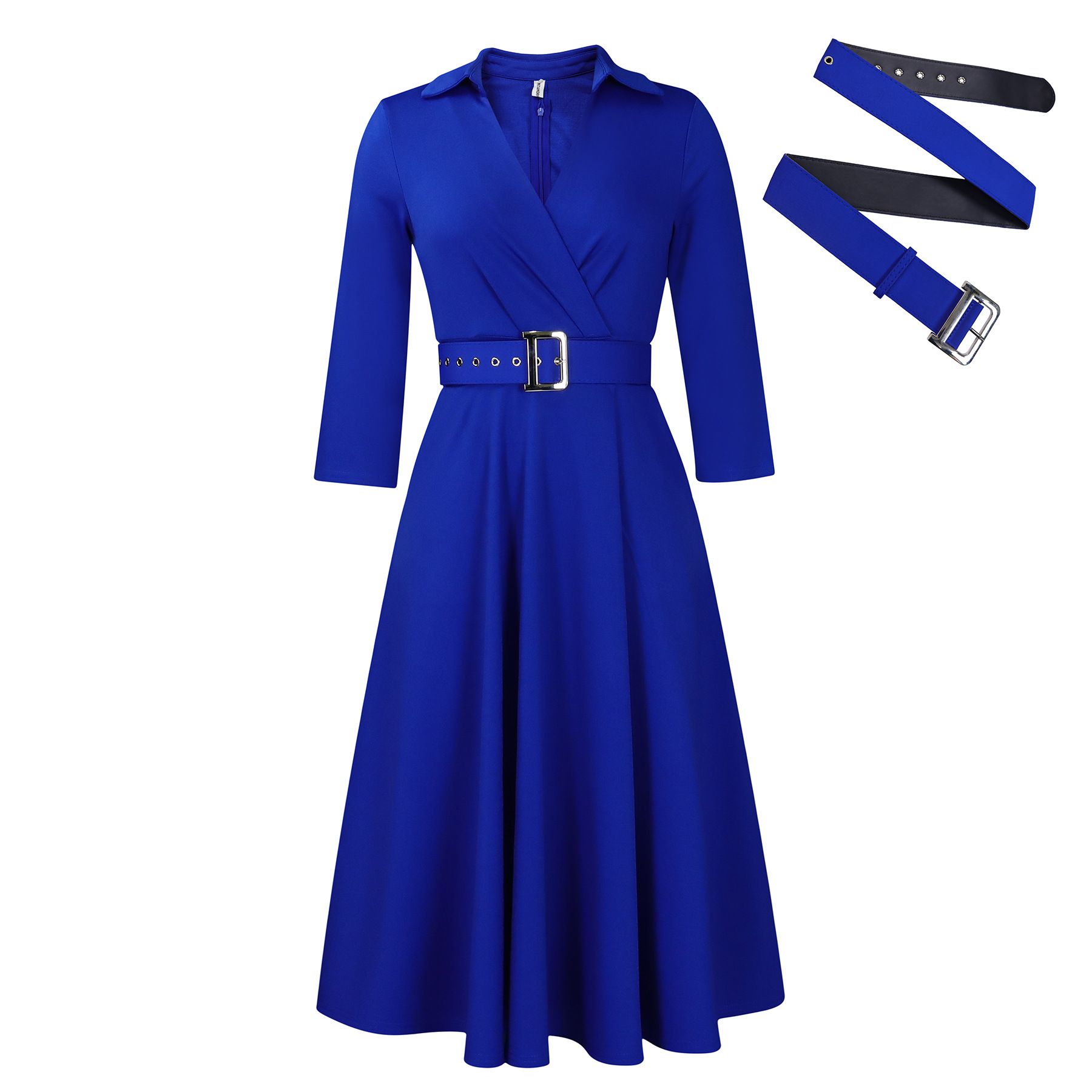 Women's Notch Lapel 3/4 Sleeves Fitted Party Club Midi Belted Dress