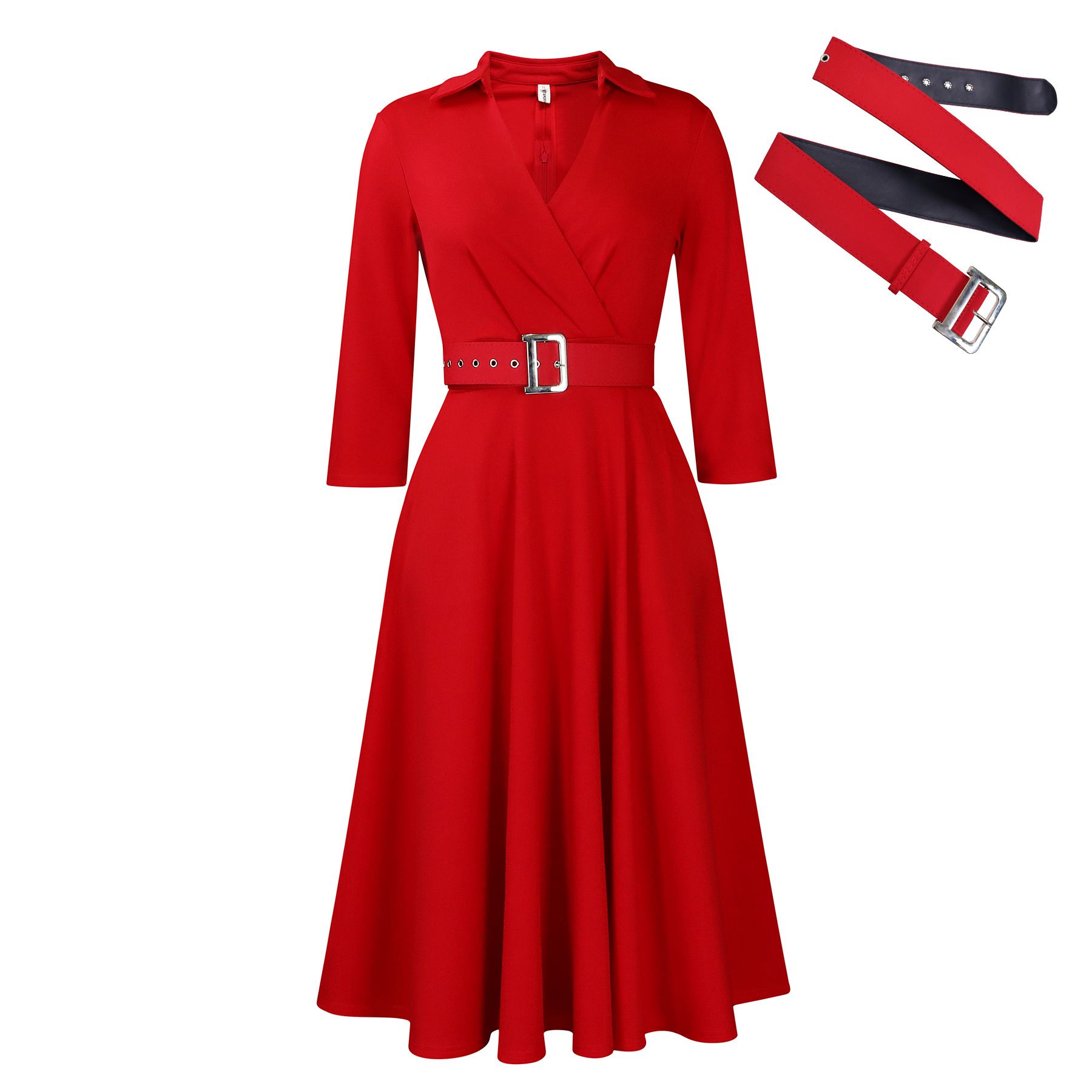 Women's Notch Lapel 3/4 Sleeves Fitted Party Club Midi Belted Dress