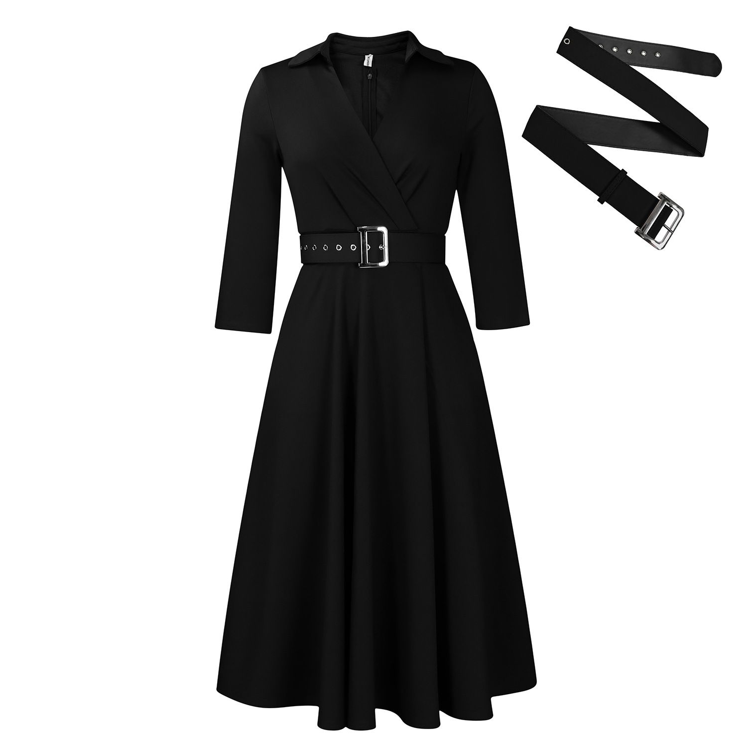Women's Notch Lapel 3/4 Sleeves Fitted Party Club Midi Belted Dress