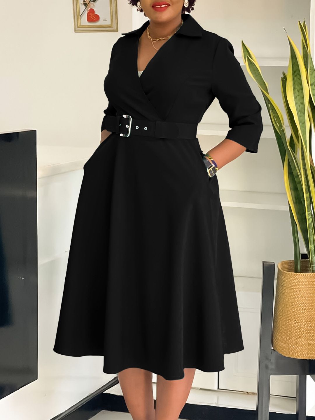 Women's Notch Lapel 3/4 Sleeves Fitted Party Club Midi Belted Dress