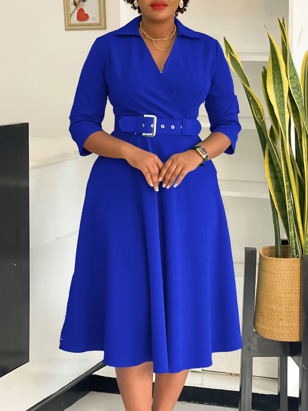 Women's Notch Lapel 3/4 Sleeves Fitted Party Club Midi Belted Dress