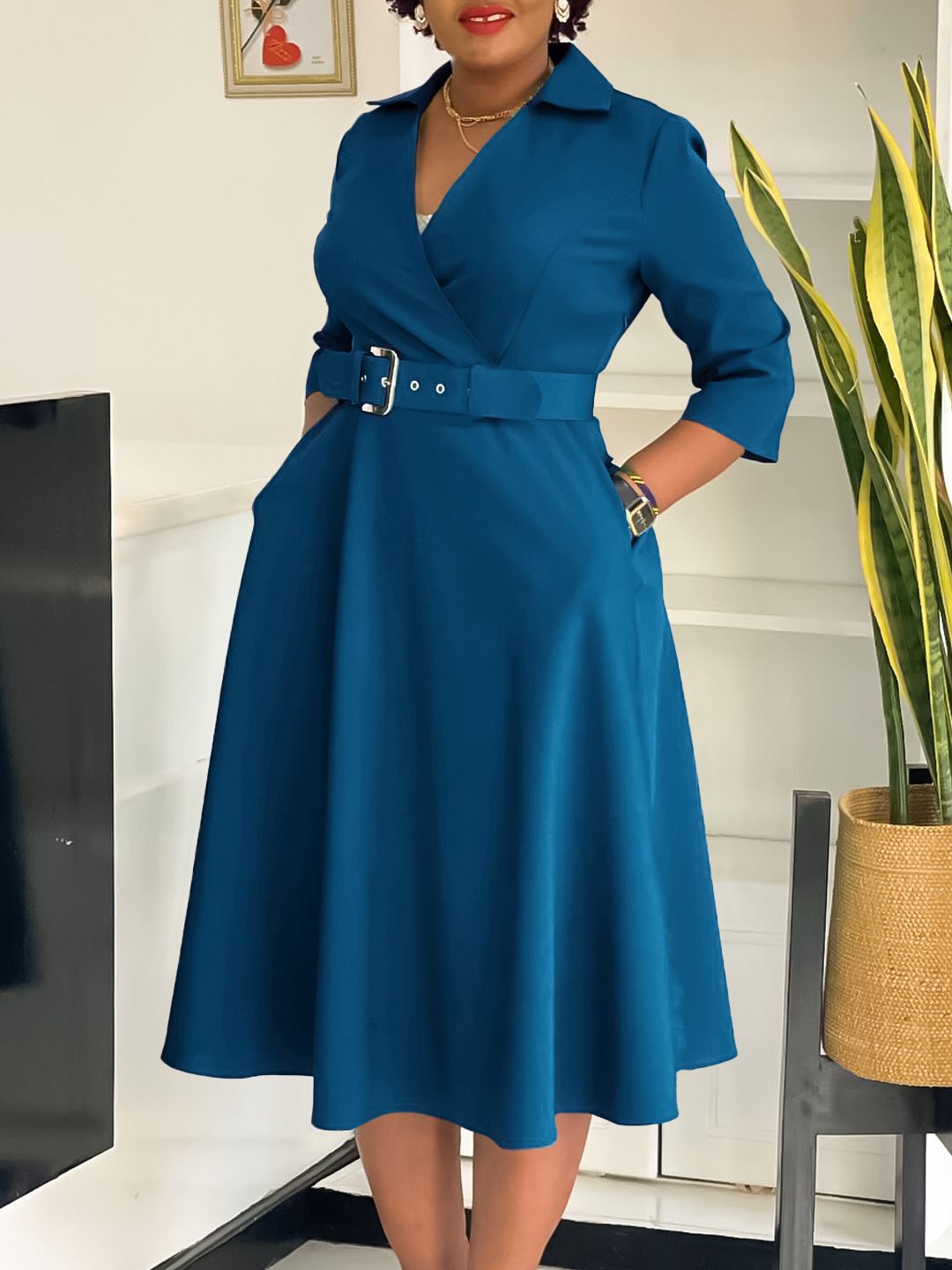 Women's Notch Lapel 3/4 Sleeves Fitted Party Club Midi Belted Dress