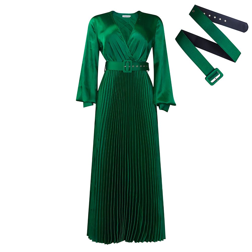 Long Formal Dresses for Women Gowns Evening Party Cocktail Dress,Elegant V Neck Belt Pleated Wedding Guest Dresses