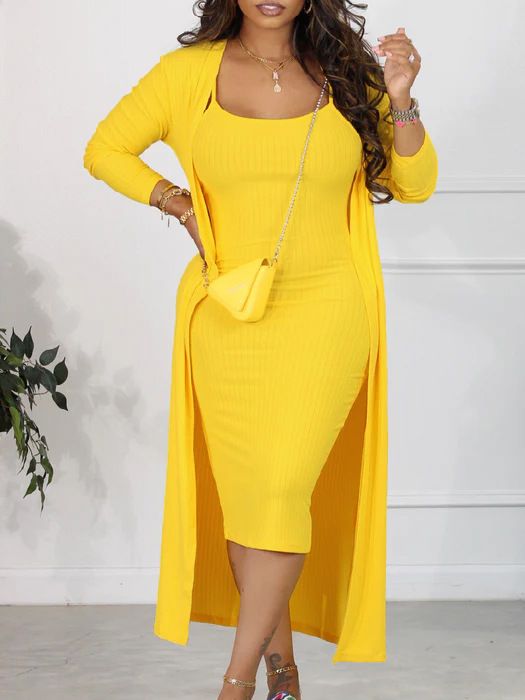 Women's Casual Outfit 2 Piece-Bodycon Tank Dress and Long Sleeve Long Jacket for Spring Fall