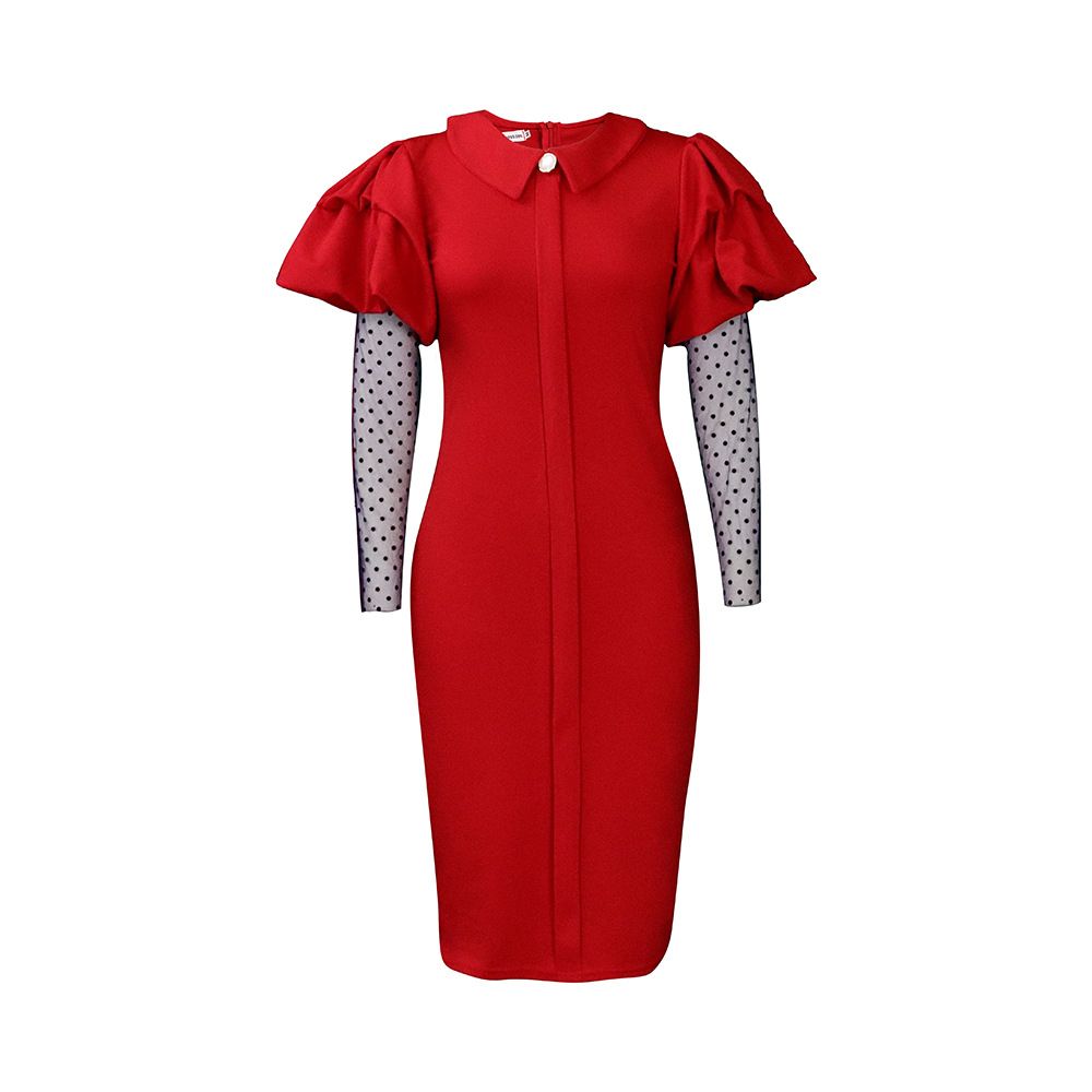Women's Peter Pan Collar Wear to Work Business Office Wear Outfits Classy Fall Midi Sheath Dress with Mesh Sleeves