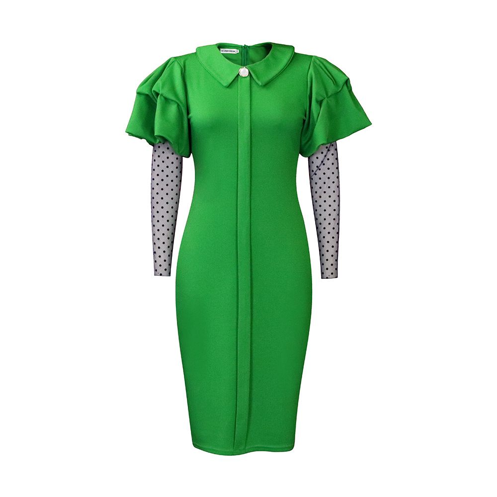 Women's Peter Pan Collar Wear to Work Business Office Wear Outfits Classy Fall Midi Sheath Dress with Mesh Sleeves