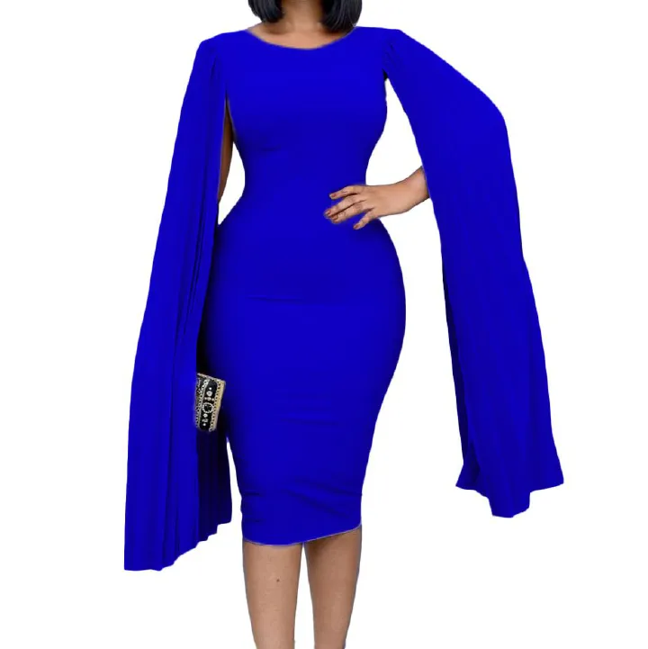 Women's Round Neck Cloak Sleeve Flowy Party Midi Dress,Semi-Formal Elegant Bodycon Wedding Guest Evening Cocktail Dresses