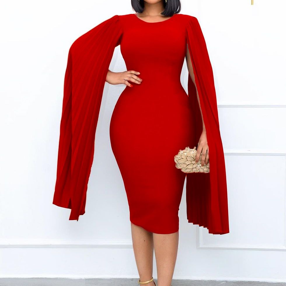 Women's Round Neck Cloak Sleeve Flowy Party Midi Dress,Semi-Formal Elegant Bodycon Wedding Guest Evening Cocktail Dresses