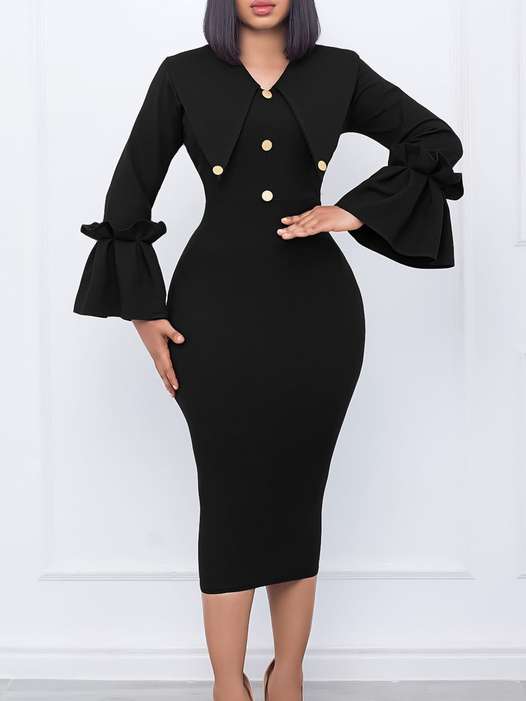 Women's 1950s Long Sleeve Pencil Dress,Knee Length Bodycon Vintage Cocktail Dresses Midi Dress
