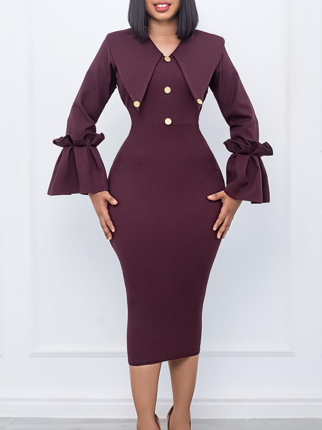 Women's 1950s Long Sleeve Pencil Dress,Knee Length Bodycon Vintage Cocktail Dresses Midi Dress