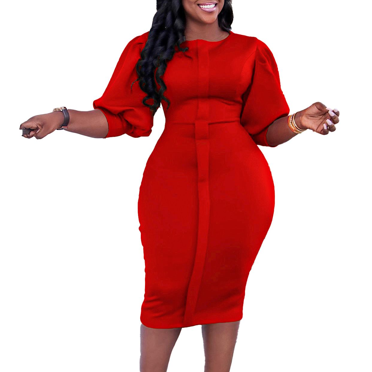 Women's Bodycon Work Pencil Dress Puff Sleeves Back Zipper Office Business Dresses