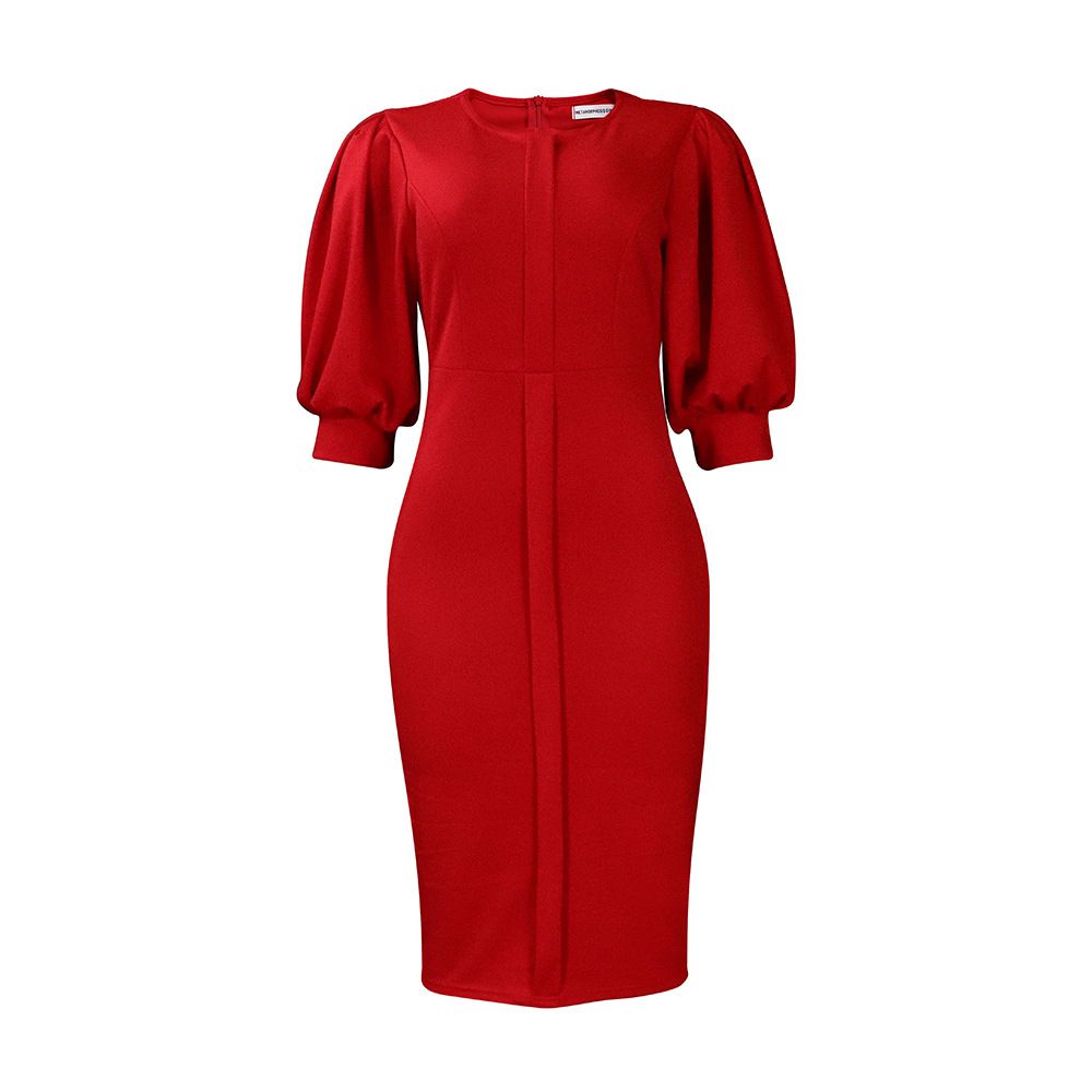 Women's Bodycon Work Pencil Dress Puff Sleeves Back Zipper Office Business Dresses