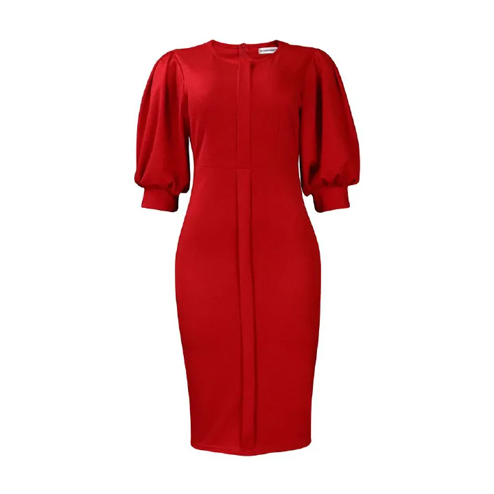 Women's Bodycon Work Pencil Dress Puff Sleeves Back Zipper Office Business Dresses
