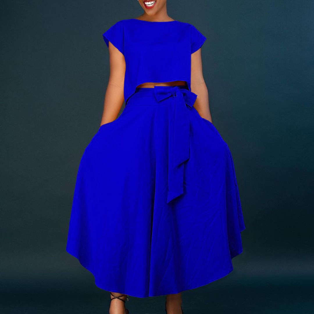 2 Piece Outfits for Women - Casual Short Sleeve Cropped Top Asymmetrical Hem Swing Maxi Skirt Suit Set