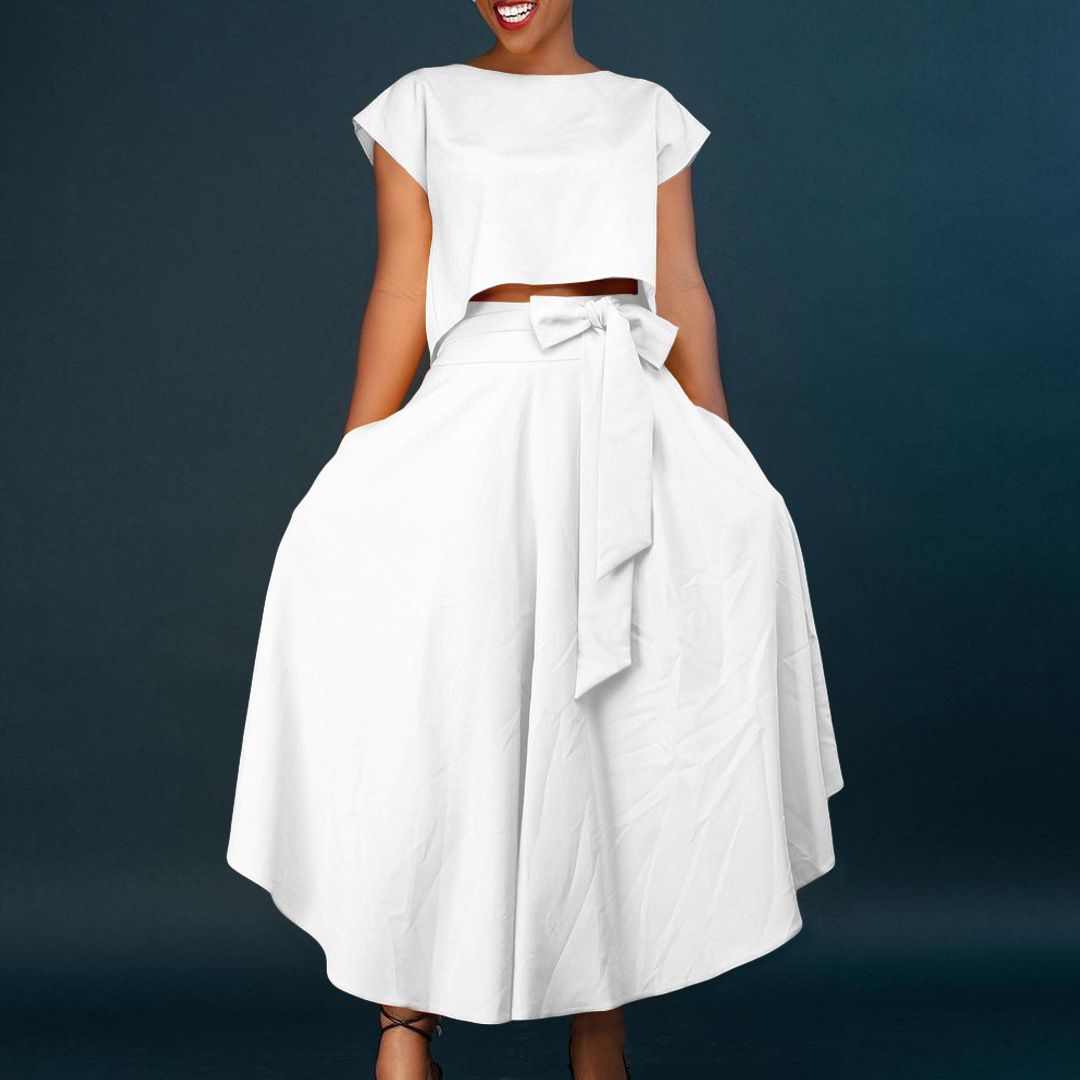 2 Piece Outfits for Women - Casual Short Sleeve Cropped Top Asymmetrical Hem Swing Maxi Skirt Suit Set