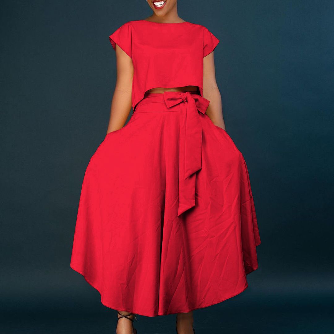 2 Piece Outfits for Women - Casual Short Sleeve Cropped Top Asymmetrical Hem Swing Maxi Skirt Suit Set