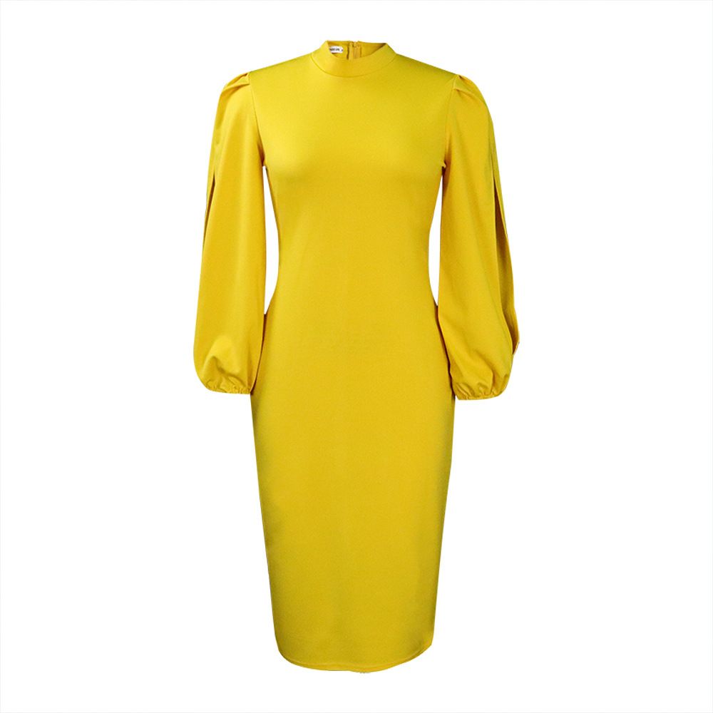 Women's Bodycon Pencil Dress Sexy Long Puff Sleeve Clubwear Basic Fitted Outfits Casual Midi Dresses