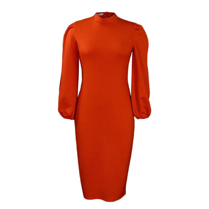 Women's Bodycon Pencil Dress Sexy Long Puff Sleeve Clubwear Basic Fitted Outfits Casual Midi Dresses