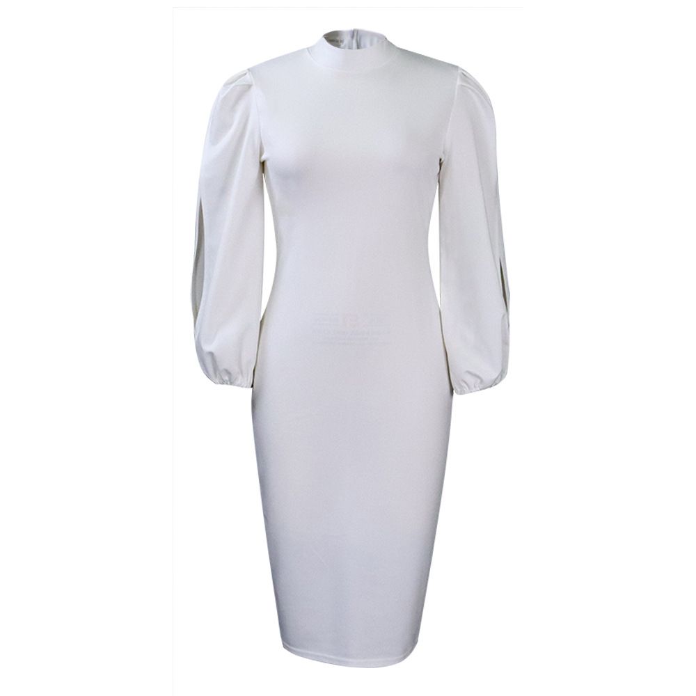 Women's Bodycon Pencil Dress Sexy Long Puff Sleeve Clubwear Basic Fitted Outfits Casual Midi Dresses