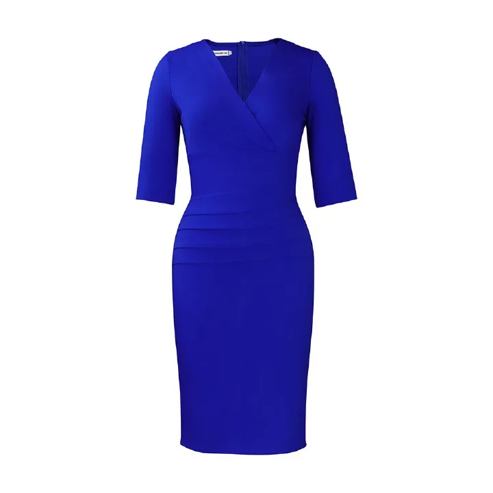 Women's Wear to Work Dress Deep V Neck 3/4 Sleeve Ruched Office Party Wrap Midi Pencil Dresses