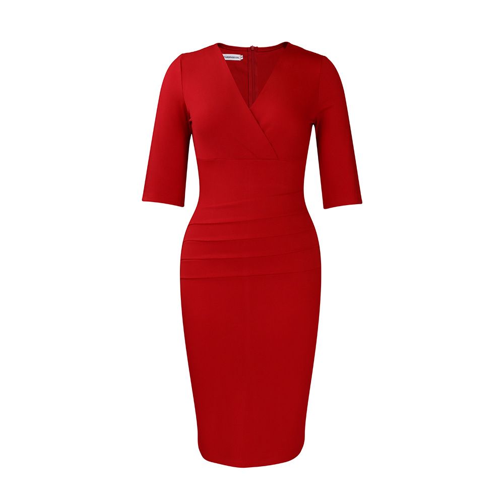 Women's Wear to Work Dress Deep V Neck 3/4 Sleeve Ruched Office Party Wrap Midi Pencil Dresses