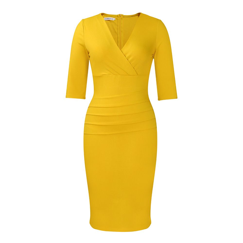 Women's Wear to Work Dress Deep V Neck 3/4 Sleeve Ruched Office Party Wrap Midi Pencil Dresses