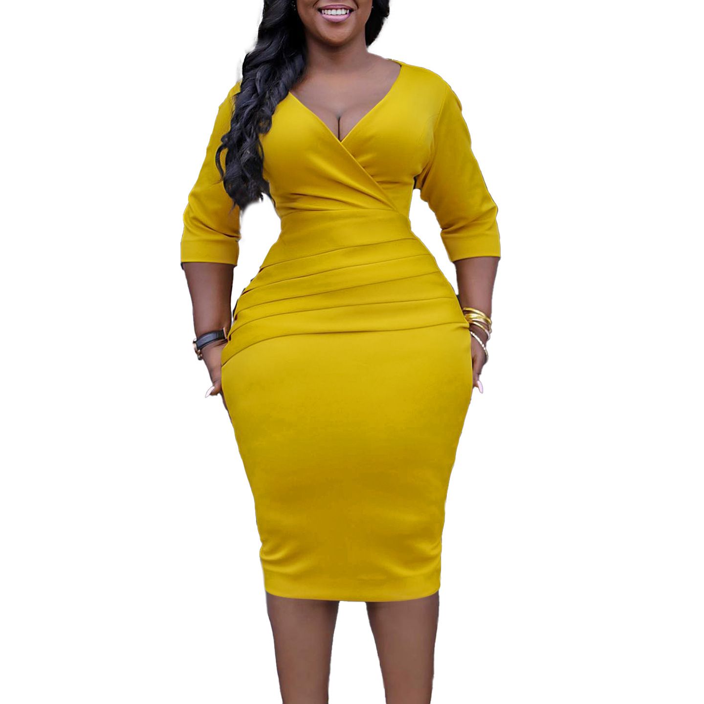 Women's Wear to Work Dress Deep V Neck 3/4 Sleeve Ruched Office Party Wrap Midi Pencil Dresses