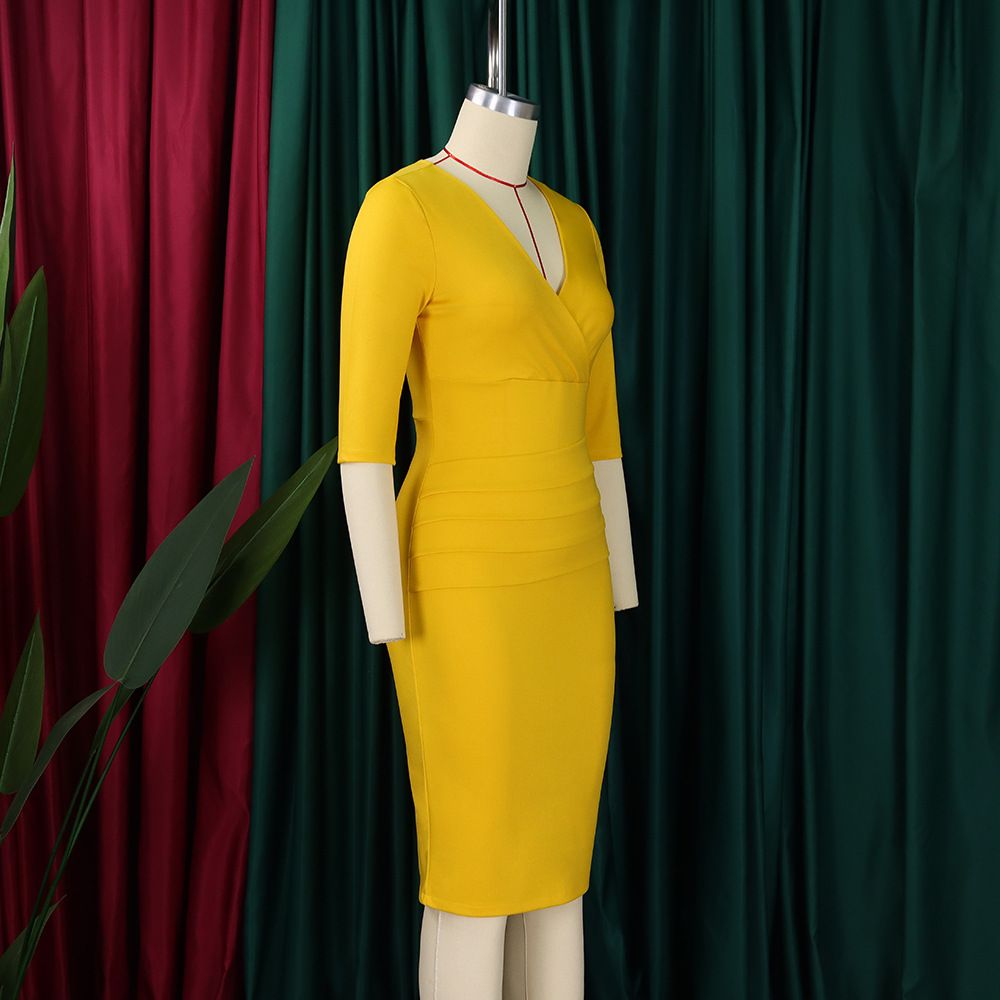 Women's Wear to Work Dress Deep V Neck 3/4 Sleeve Ruched Office Party Wrap Midi Pencil Dresses