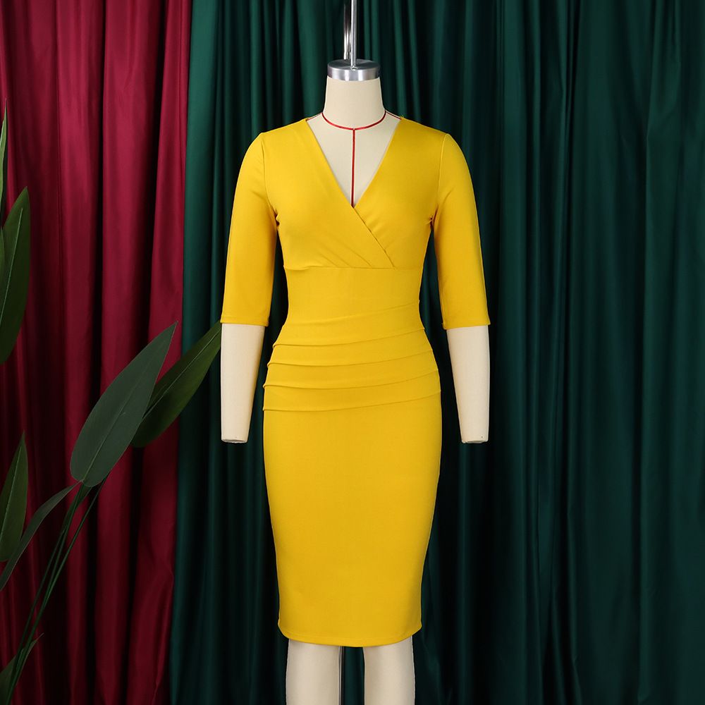Women's Wear to Work Dress Deep V Neck 3/4 Sleeve Ruched Office Party Wrap Midi Pencil Dresses
