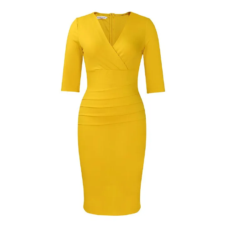 Women's Wear to Work Dress 2025 V Neck 3/4 Sleeves Ruched Wrap Office Pencil Dresses