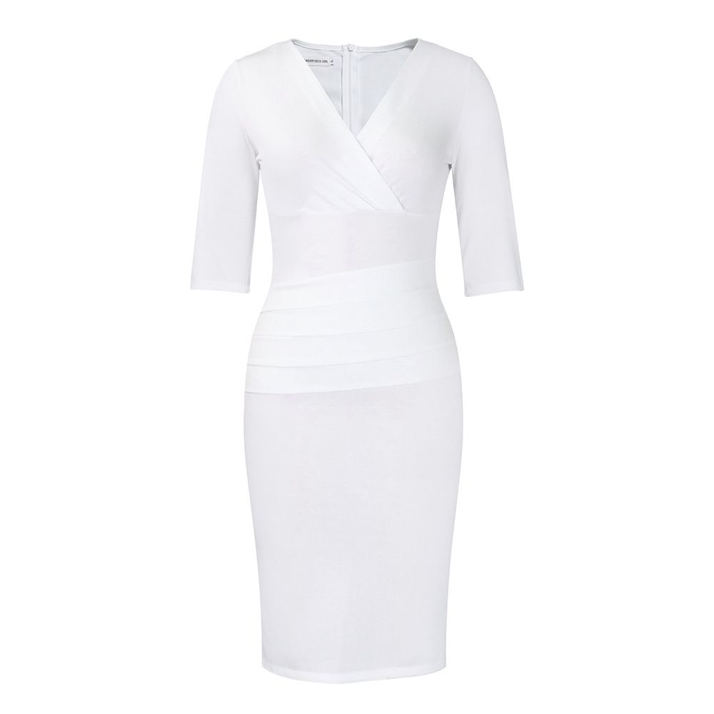 Women's Wear to Work Dress 2025 V Neck 3/4 Sleeves Ruched Wrap Office Pencil Dresses