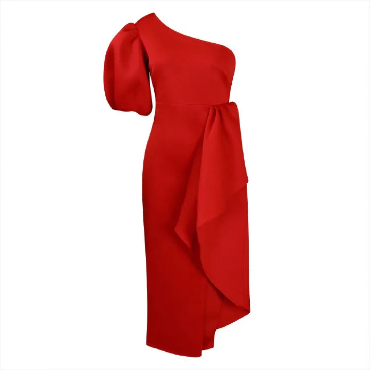 Women's Vintage Church Puff Sleeve Slit Pencil Dress,Off Shoulder Bodycon Work Midi Pencil Dress