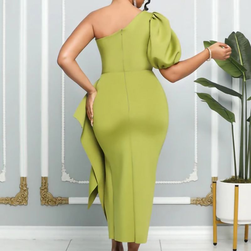 Women's Vintage Church Puff Sleeve Slit Pencil Dress,Off Shoulder Bodycon Work Midi Pencil Dress